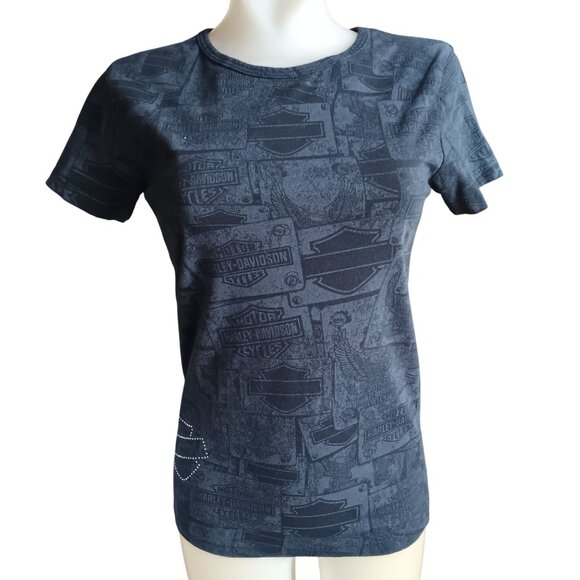 Vintage Womens T-Shirt Small Harley-Davidson Bravado USA Rhinestone Logo AOP - Picture 3 of 8